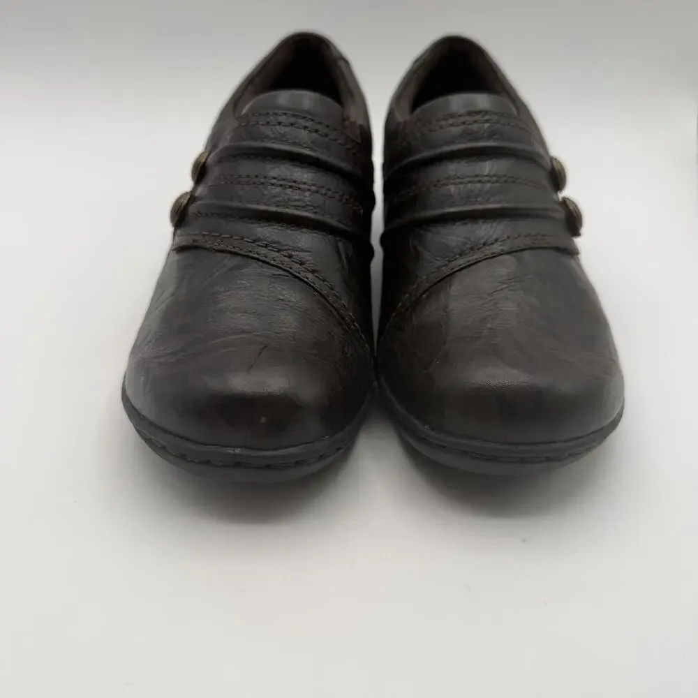 Clarks Mottled Brown Leather Women's Shoes‎ Sz 7 M Rose Button Slip On Comfort